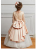 Three Quarter Sleeves Peach Lace Satin Peplum Long Flower Girl Dress